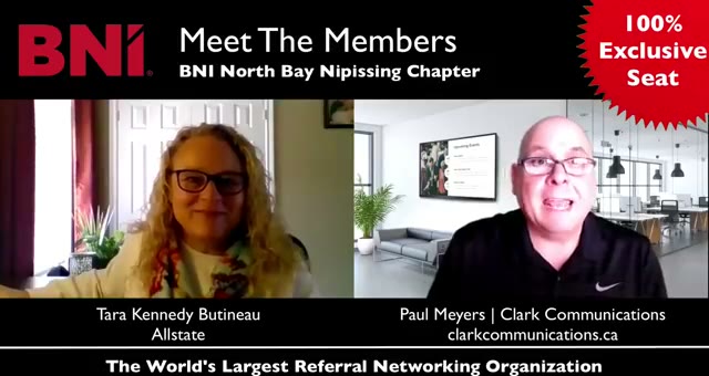 Paul Meyers and Tara Kennedy Butineau at a BNI 1-2-1 meeting in North Bay